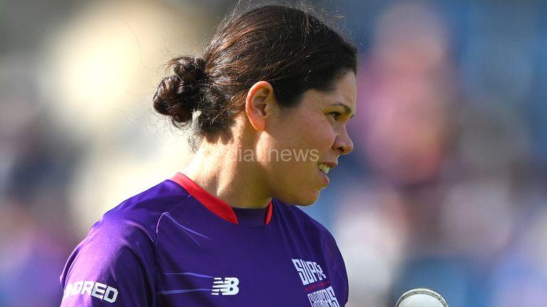 LEEDS, ENGLAND - AUGUST 22: Superchargers bowler Alice Davidson-Richards in bowling action during The Hundred match between Northern Superchargers Women and Welsh Fire Women at Headingley on August 22, 2023 in Leeds, England. (Photo by Stu Forster/Getty Images)